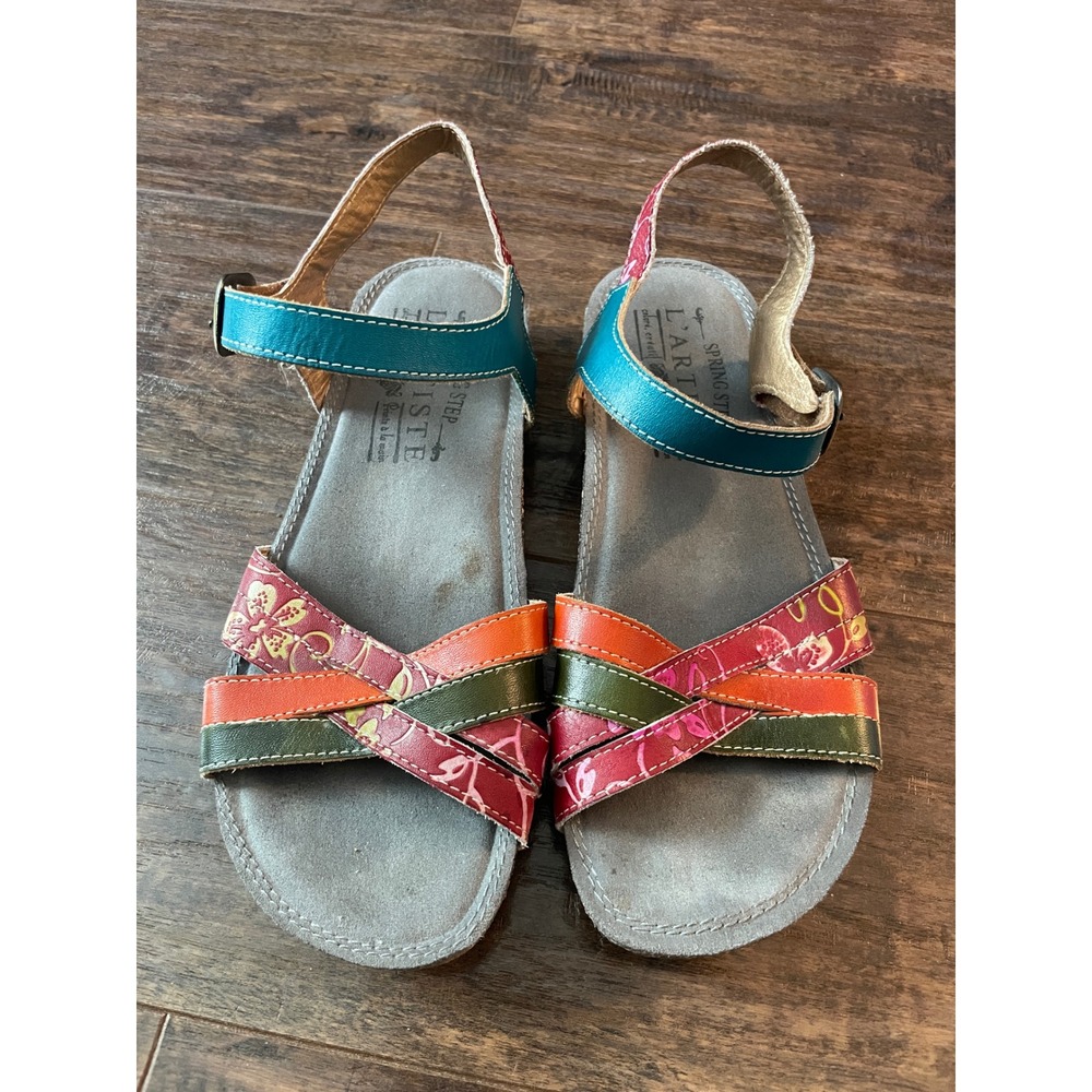 Spring Step L'Artiste Sandals Womens 37 6.5 Multicolor Floral Leather Boho Artsy